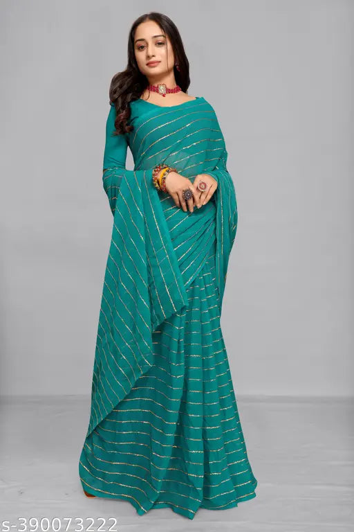 Teal Georgette saree with separate blouse in art silk, embellished pattern - elegant dailywear for parties or weddings, Indian-origin