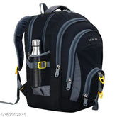 Black polyester Myron Large 45L laptop backpack, unisex and durable for school or travel, waterproof with 5 compartments and mesh bottle holder