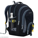 Black polyester Myron Large 45L laptop backpack, unisex and durable for school or travel, waterproof with 5 compartments and mesh bottle holder