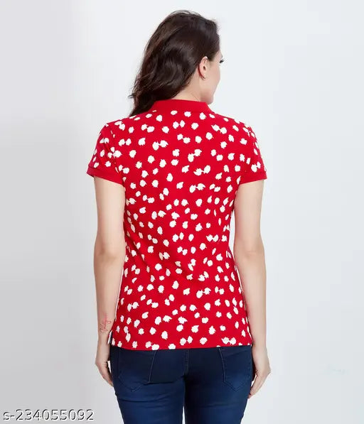 Viscose polo t-shirt for women, printed with stylish design, short sleeves, made in India