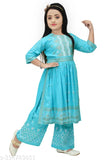 Aqua blue rayon kid's Naira cut kurta set with palazzos, vibrant embroidery and three-quarter sleeves