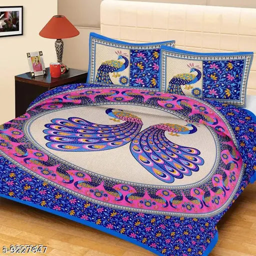 Blue cotton peacock-printed double bedsheet with 2 matching pillow covers, India origin