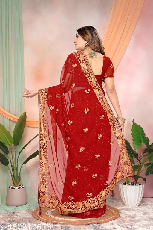 Purple embroidered silk saree with lightweight blouse (Georgette), Indian party wear for women and girls