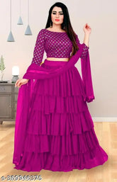 Embellished satin and net lehenga choli for girls, ruffle stitch with three-quarter sleeves, various sizes from 1-12 years, Indian traditional wear