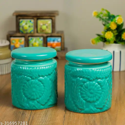 Green ceramic dry fruit jars (900ml each), set of 2 for vibrant storage solutions