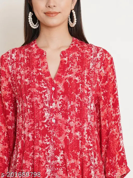 Red viscose rayon longline top with embroidered net, mandarin collar and pintucks - women's casual wear in red & white