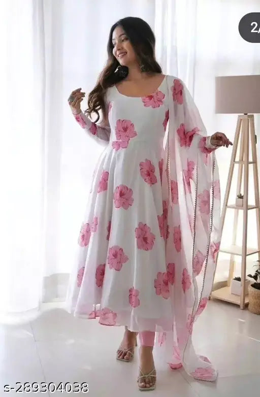 White pink Georgette anarkali kurta set with dupatta, printed net pattern, long sleeves. Women's ethnic daily wear set from India