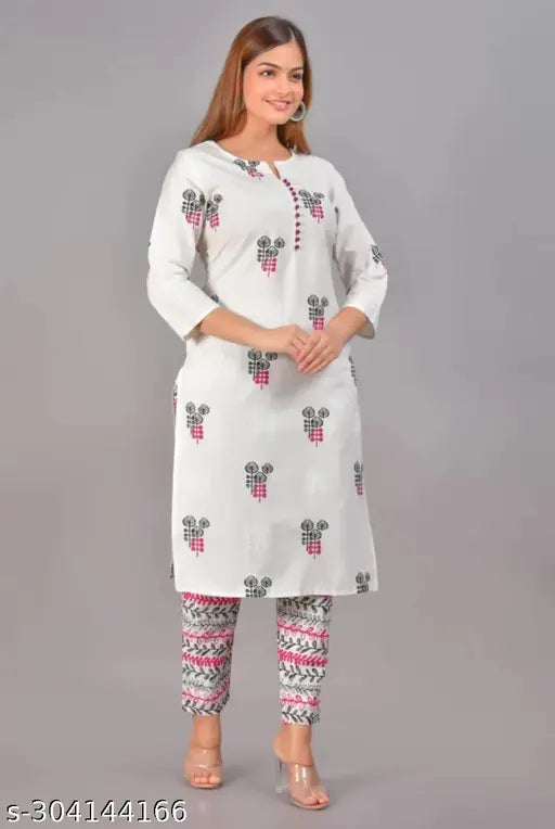 Women's cotton printed straight kurta & palazzos set, three-quarter sleeves, India-made