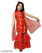 Red rayon sharara set with C-Cut by H.L Garments, trendy printed net for girls' fashion, sleeveless design, sizes from 2-3 years to 7-8 years