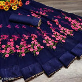 Pink soft net saree with floral embroidery and unstitched blouse piece, Indian designer party wear