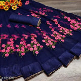 Pink soft net saree with floral embroidery and unstitched blouse piece, Indian designer party wear