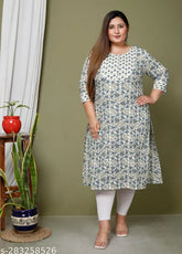 Printed floral plus size cream kurta, pure cotton straight-cut for women, three-quarter sleeves