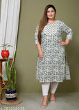 Printed floral plus size cream kurta, pure cotton straight-cut for women, three-quarter sleeves