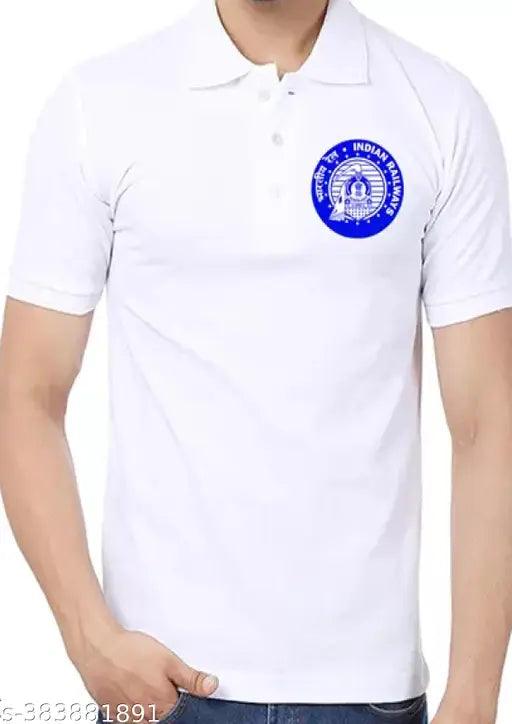 White polycotton Indian Railways polo shirt with front logo print, short sleeves, M, L, XL, XXL sizes