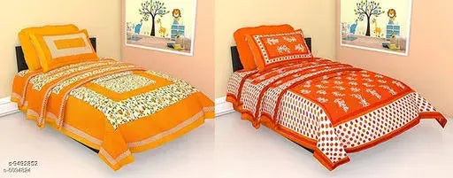 Stylish orange cotton bedsheet combo, 144 thread count single size from India