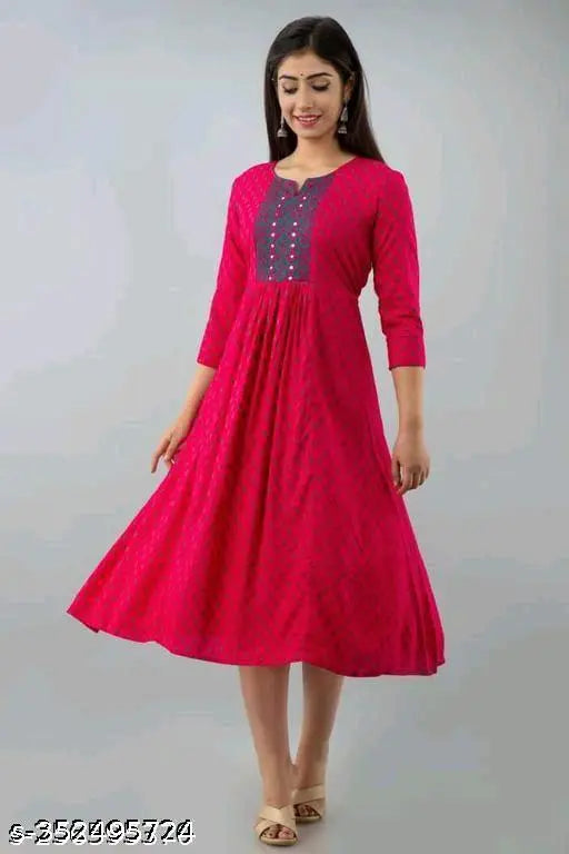 Red rayon dress with three-quarter sleeves, printed pattern. S: bust size 36in, XL: bust size 42in