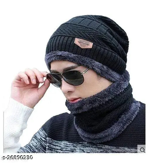 Black wool beanie cap, stylish and warm for men and women, perfect for winter sports and outdoor activities