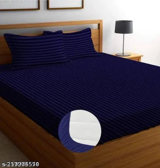 Navy blue striped glace cotton fitted double bedsheet with 2 pillow covers (72x78 inches, 18x28 inches), ideal for summer adult use