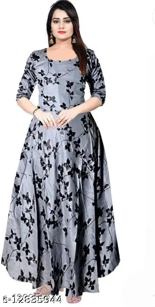 Women's casual cotton-rayon printed long flared A-line maxi gown dress kurti, three-quarter sleeves with colorful print, free size, India origin