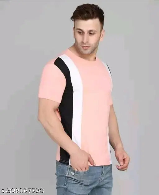 Cotton blend striped block-colored men's t-shirt set, short sleeves, size S-XL, India origin