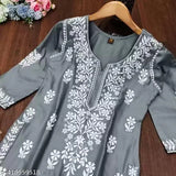 Rayon chikankari work kurti set with printed dupatta for women, three-quarter sleeves and palazzos