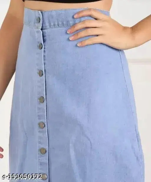 Elegant cotton denim skirt, solid pattern, fitted waist, straight cut, available in sizes 28, 30, 32, 36, 38, 40 (Waist: 28in/30in/32in/36in/38in/40in; Length: 30in; Hip: 36in/38in/40in)