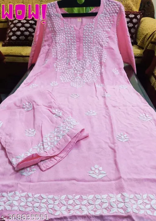 Rayon knee-length embroidered net kurta set with pants, three-quarter sleeves, various sizes available