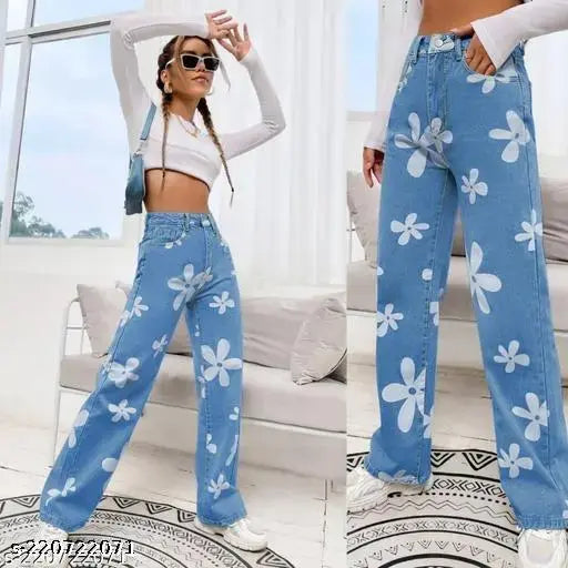 Light blue flower print wide leg denim jeans for women, ultra comfortable, relaxed fit, all-over floral pattern, five-pocket design, India origin