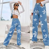 Light blue flower print wide leg denim jeans for women, ultra comfortable, relaxed fit, all-over floral pattern, five-pocket design, India origin