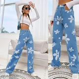 Light blue flower print wide leg denim jeans for women, ultra comfortable, relaxed fit, all-over floral pattern, five-pocket design, India origin