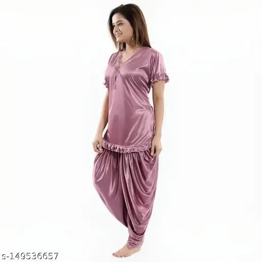 Satin night suit set for women and girls, perfect for summer. Solid-patterned sleepwear from MANOJ ENTERPRISES