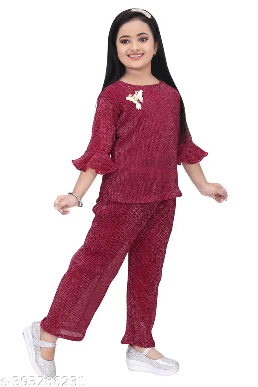 Maroon Chiffon Top and Georgette Palazzo Set for Kids, festive girls party wear