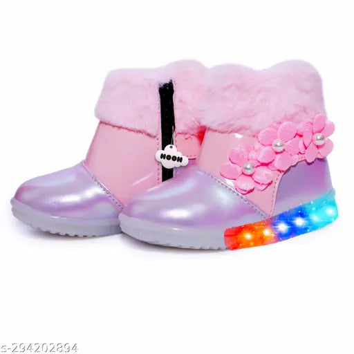 Synthetic leather, rubber LED light shoes for girls aged 07 yrs. Breathable cotton blend material, comfortable sole, zip net closure, ideal for night outings