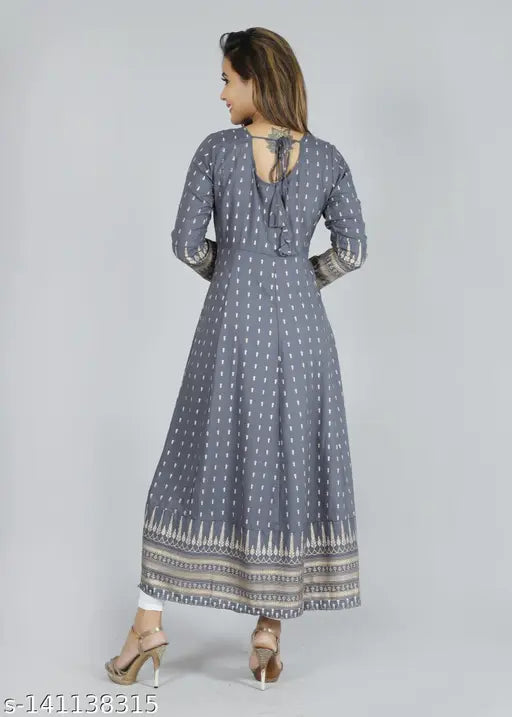 Grey rayon printed Anarkali kurti by Faheeman Garments, featuring long sleeves and gold details on an Indian fashion trend piece