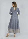 Grey rayon printed Anarkali kurti by Faheeman Garments, featuring long sleeves and gold details on an Indian fashion trend piece