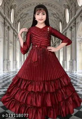Soft silk full-length gown for girls party wear, three-quarter sleeves, solid pattern, cotton fabric
