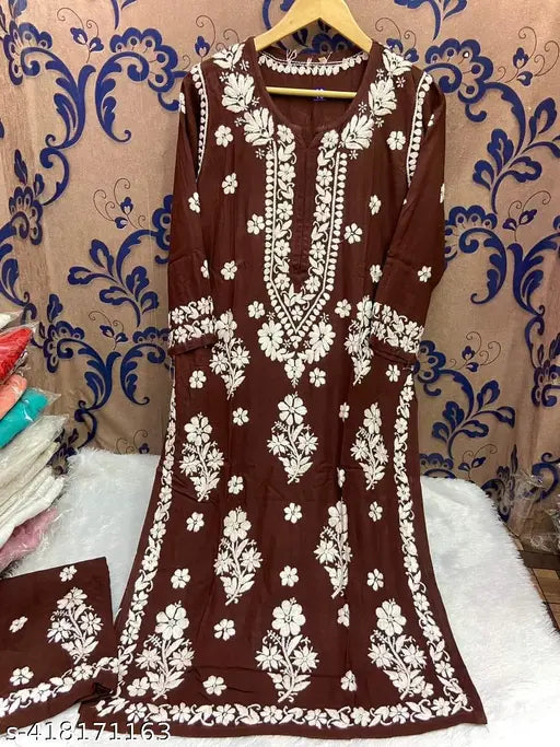 Embroidered rayon kurta and palazzos with three-quarter sleeves, Chikankari pattern from India