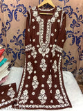 Embroidered rayon kurta and palazzos with three-quarter sleeves, Chikankari pattern from India