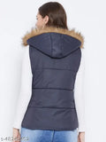 Navy sleeveless solid parka jacket, women's Vero Amore winter wear in polyester, quilted with polyfill and detachable faux fur hood, 3 pockets total (1 inside, 2 outside)