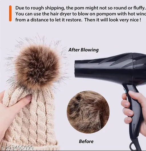 Woolen winter beanie cap, fur-lined with soft pompom, Piftif latest stylish design for women