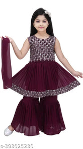 Georgette embroidery sequin work baby girls ethnic kurta set with sharara. Georgette anarkali top & sharara bottom, sleeveless design, vibrant Indian wear for 2-3 years to 10-11 years