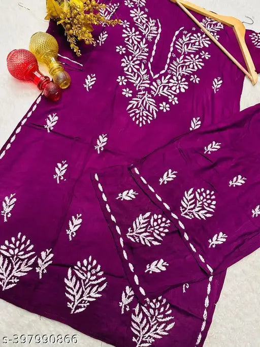 Rayon gala daman embroidered chikankari kurti & plazo set, three-quarter sleeves, Indian traditional women's clothing in XL-5XL sizes