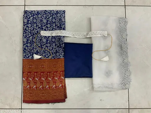 Zari work South Indian Art Silk unstitched Half Saree with lace borders, ready to ship from India