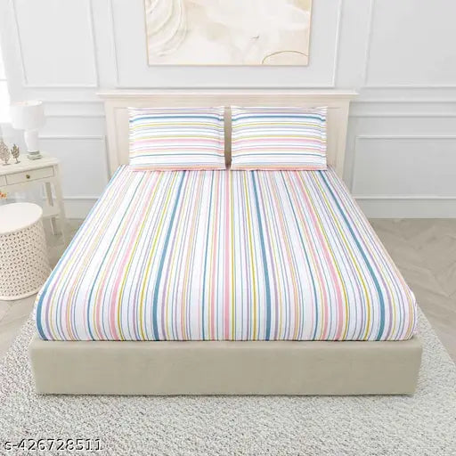 Blue & Yellow Striped Cotton Flat Sheet Set - Haus & Kinder 100% Cotton King, includes 2 pillow covers