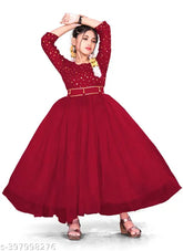 Elegant net princess gown for kids, intricate detailing, long sleeve, opulent Indian formal wear
