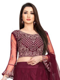 Arvika maroon embroidered nylon net flared lehenga, unstitched blouse - Indian wedding wear on mannequin" (123 characters)