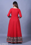 Red solid and printed rayon anarkali kurta with free mask, Indian-made, ankle length, three-quarter sleeves