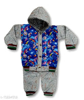 Cotton blend Advikavya Winterwear Trio for baby boys, long-sleeved full sleeve t-shirt & hood attached jacket with matching pants, printed pattern - 3-6 Months
