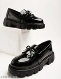 Black patent leather loafers, casual chain detail for girls' smart casual wear