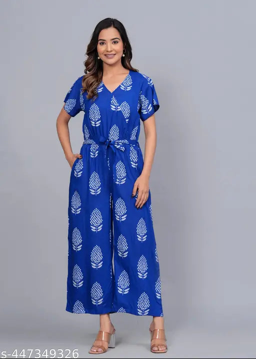 Blue rayon printed jumpsuit with short sleeves, women's fashionable Indian-origin apparel